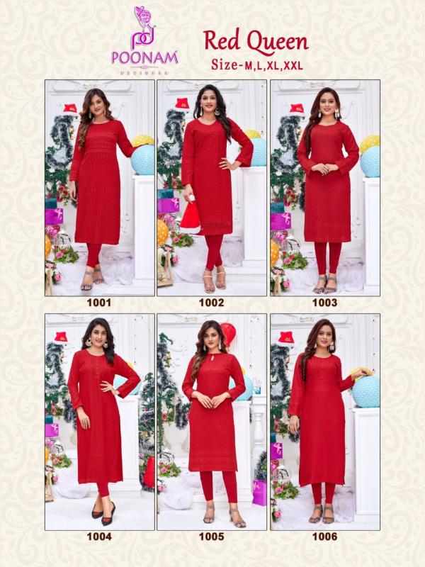 Poonam Red Queen Casual Wear Chikan Work Kurtis