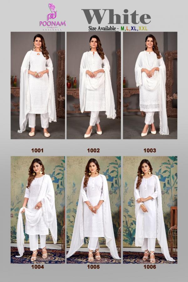 Poonam White rayon Fancy Kurti Pant With Dupatta Collection