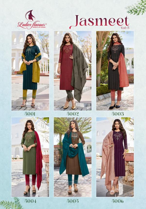 Ladies Flavour Jasmeet Vol 5 New Rayon Kurti With Bottom Dupatta Collection