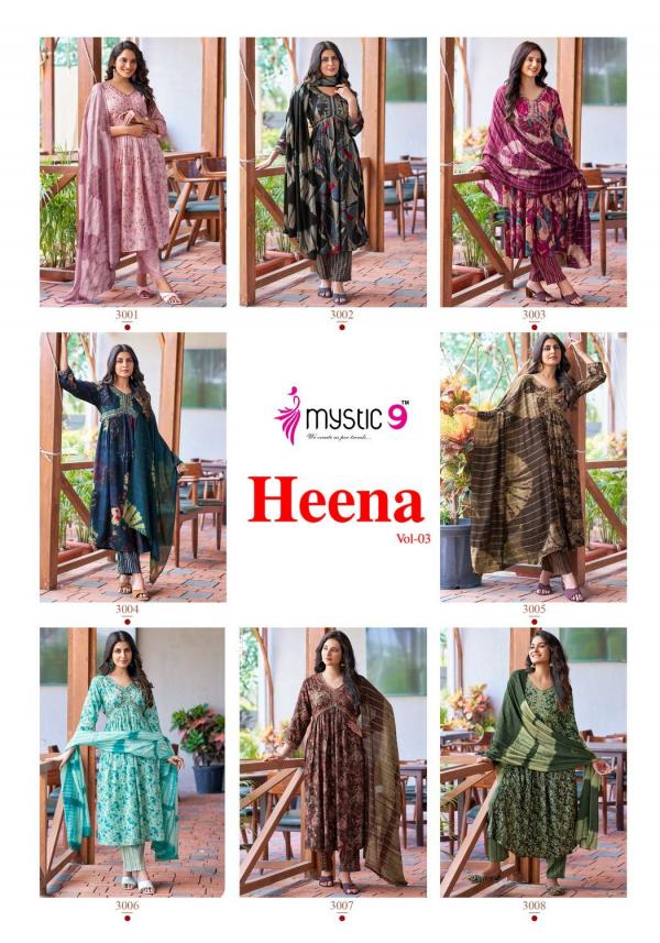 Mystic 9 Heena Vol 3 Rayon Kurti Bottom With Dupatta Collection