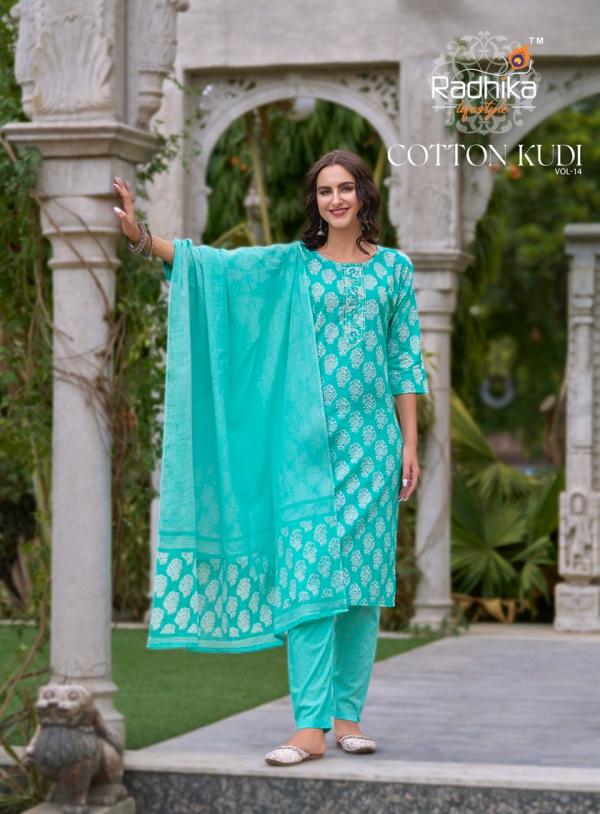 Radhika Cotton Kudi Vol 14 Cotton Kurti Pant With Dupatta