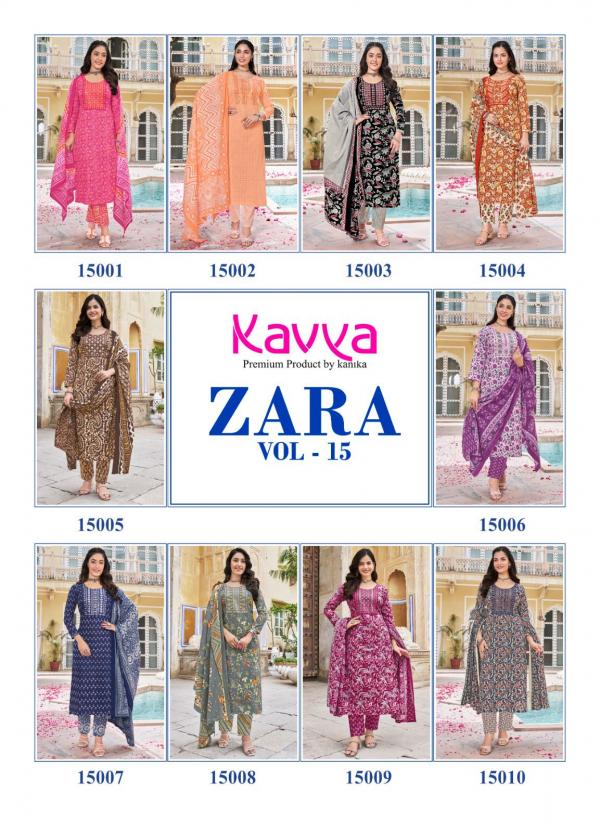 Kavya Zara Vol 15 Cambric Cotton Kurti Pant With Dupatta Collection