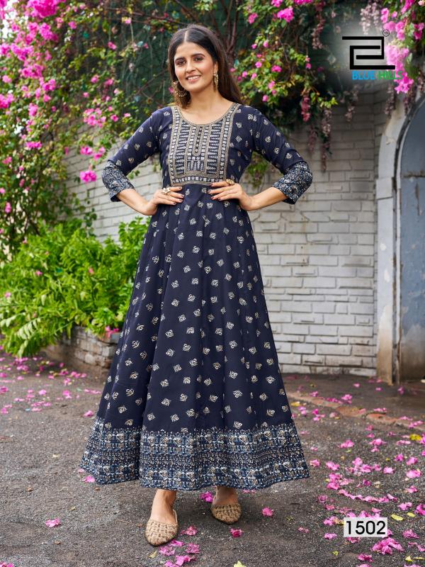 Blue Hills Womaniya Vol 15 Rayon Foil Printed Anarkali Kurti Collection