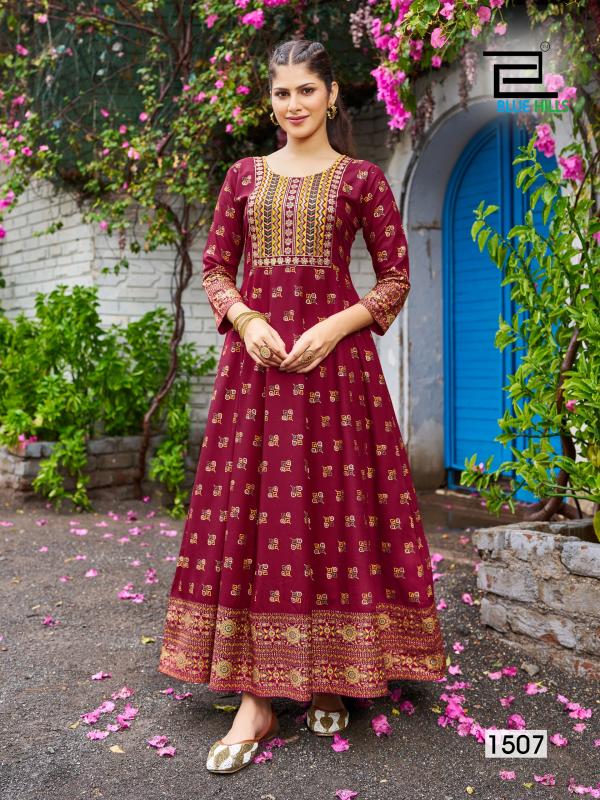 Blue Hills Womaniya Vol 15 Rayon Foil Printed Anarkali Kurti Collection