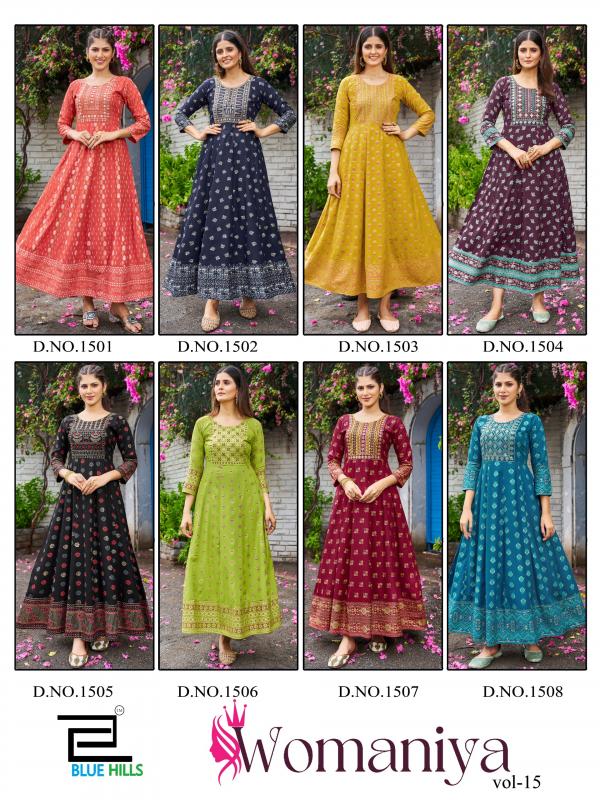 Blue Hills Womaniya Vol 15 Rayon Foil Printed Anarkali Kurti Collection