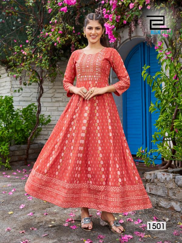 Blue Hills Womaniya Vol 15 Rayon Foil Printed Anarkali Kurti Collection