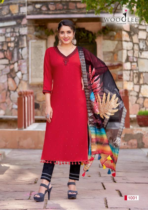 Wooglee Lamha Rayon Weaving Kurti Pant With Dupatta Collection