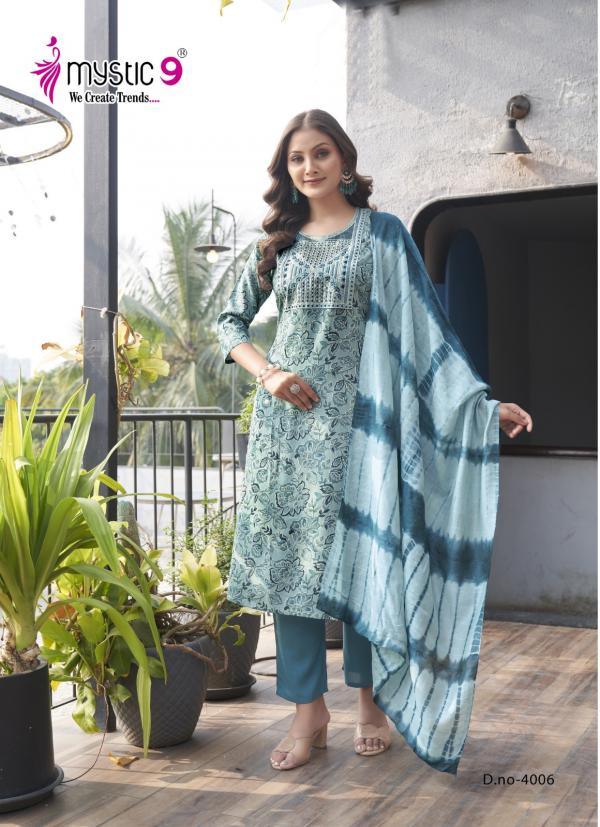 Mystic 9 Sabri Vol 4 Rayon Foil Printed Kurti Bottom With Dupatta