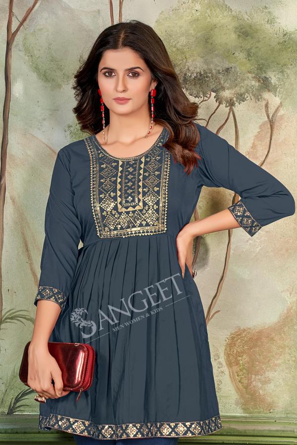 Sangeet Aashini Rayon Embroidered Short Kurti Collection