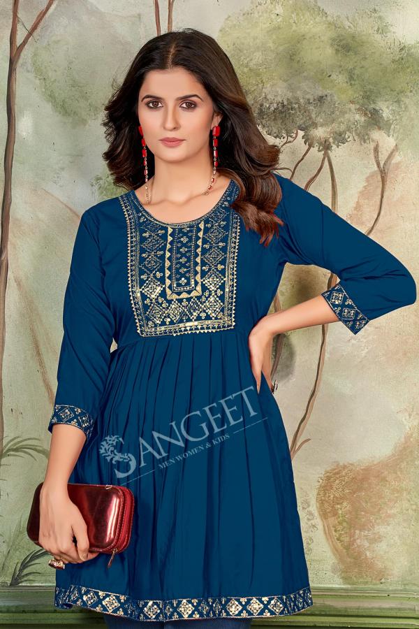 Sangeet Aashini Rayon Embroidered Short Kurti Collection