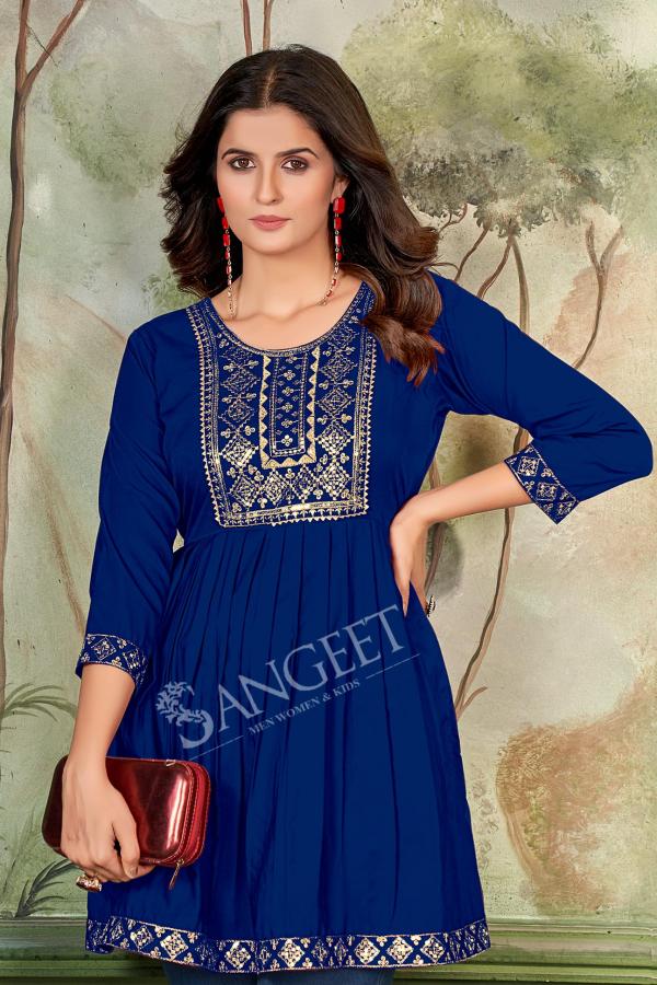 Sangeet Aashini Rayon Embroidered Short Kurti Collection