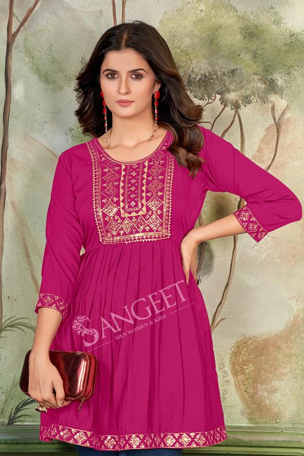 Sangeet Aashini Rayon Embroidered Short Kurti Collection