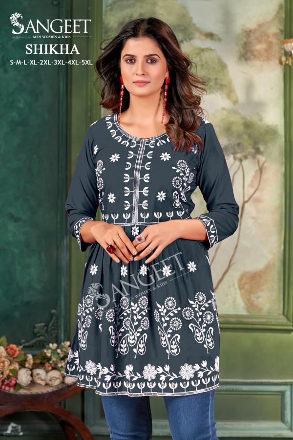 Sangeet Shikha Rayon Embroidered Short Kurti Collection