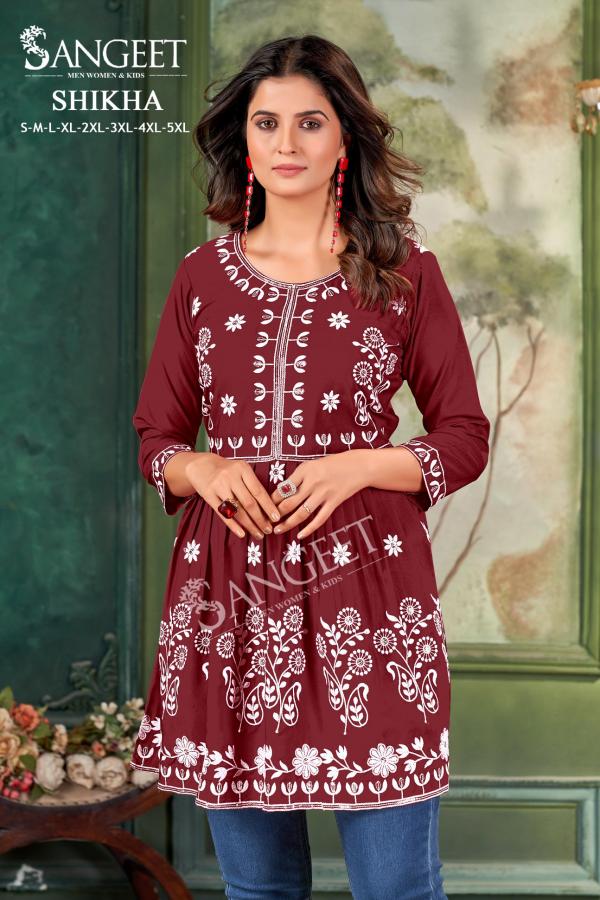 Sangeet Shikha Rayon Embroidered Short Kurti Collection