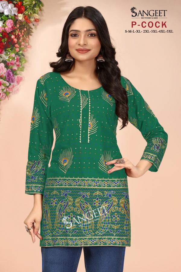 Sangeet P Cock Rayon Gold Multi Printed Short Kurti Collection