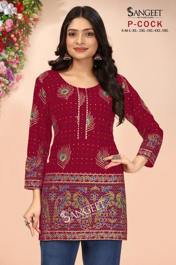 Sangeet P Cock Rayon Gold Multi Printed Short Kurti Collection