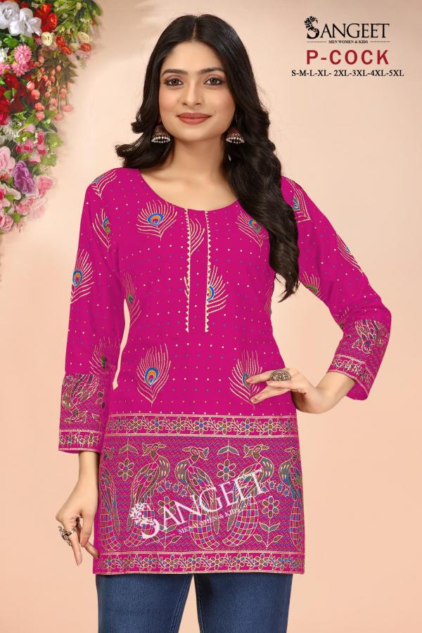 Sangeet P Cock Rayon Gold Multi Printed Short Kurti Collection