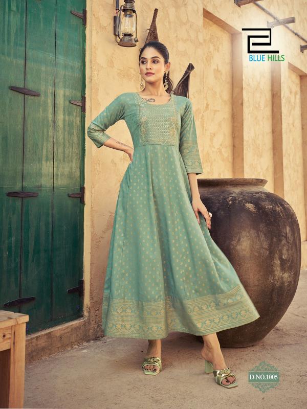 Blue Hills Urvashi Rayon Foil Printed Anarkali Gown Collection