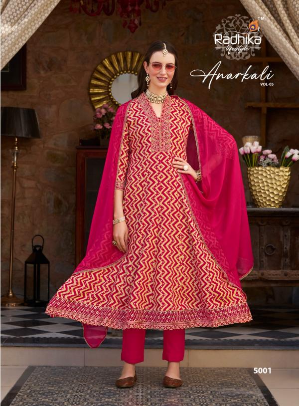 Radhika Anarkali Vol 5 Rayon Foil Printed Kurti Pant With Dupatta