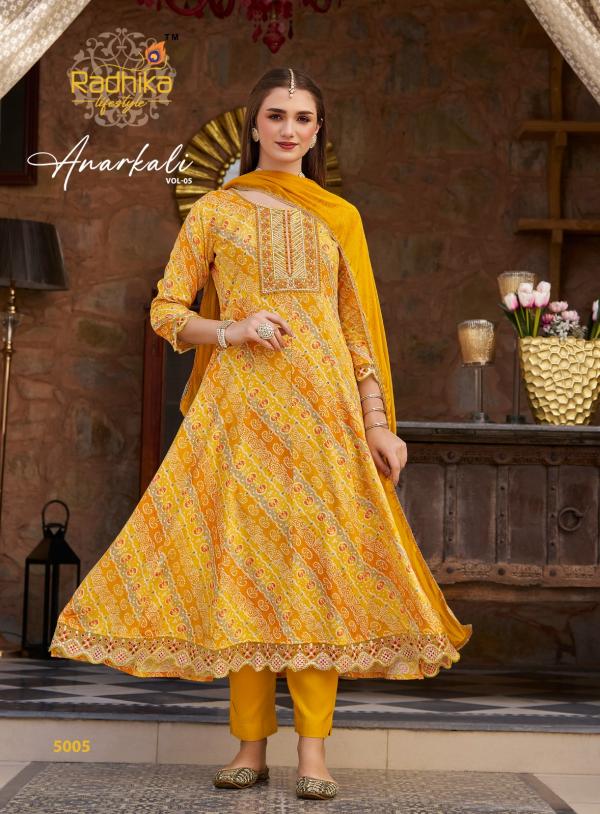 Radhika Anarkali Vol 5 Rayon Foil Printed Kurti Pant With Dupatta