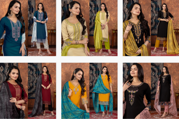 Rajans Vol 1 Rayon Embroidered Kurti Pant With Dupatta Collection