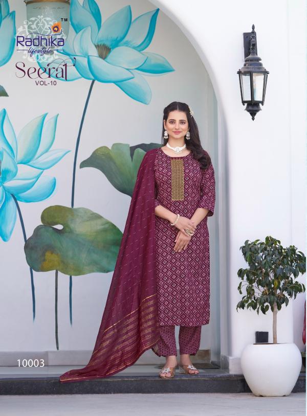 Radhika Seerat Vol 10 Rayon Capsule Foil Printed Ready Made Collection