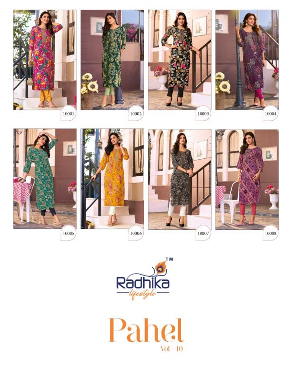 Radhika Pahel Vol 10 Rayon Printed With Work Kurti Collection