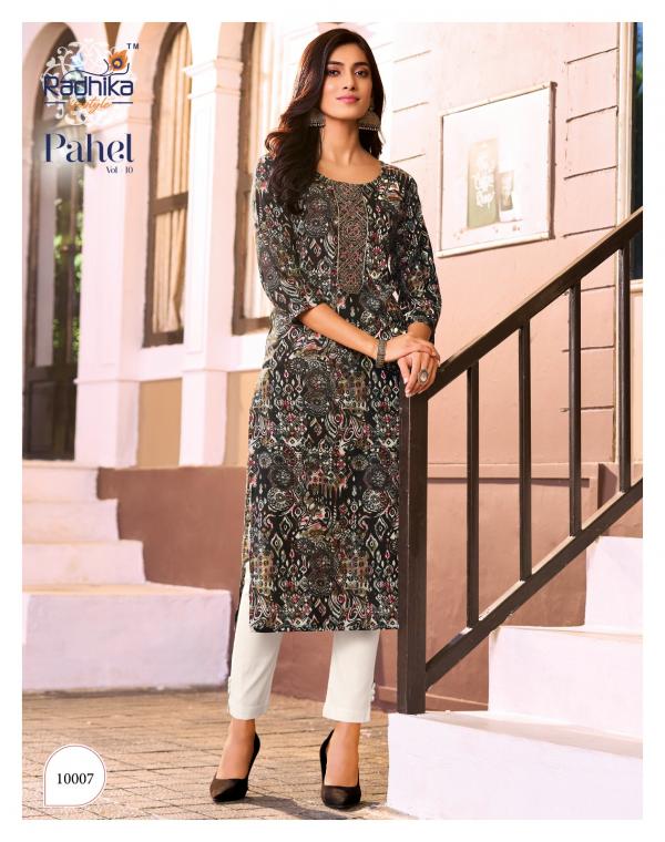 Radhika Pahel Vol 10 Rayon Printed With Work Kurti Collection