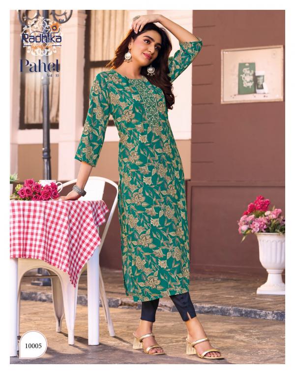 Radhika Pahel Vol 10 Rayon Printed With Work Kurti Collection