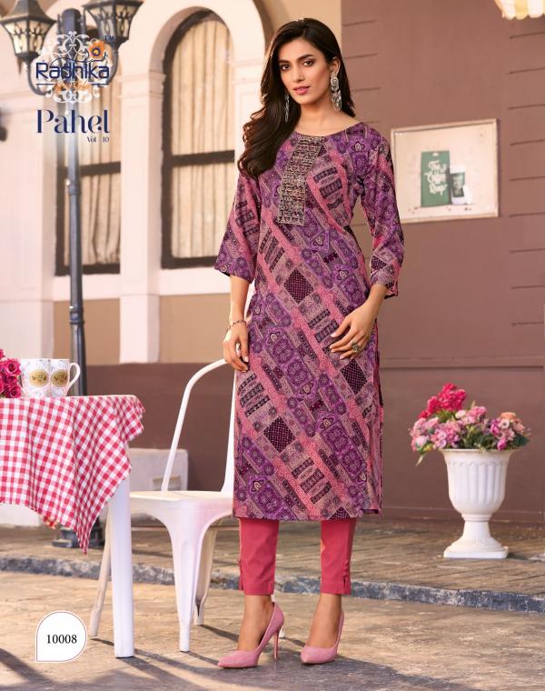 Radhika Pahel Vol 10 Rayon Printed With Work Kurti Collection