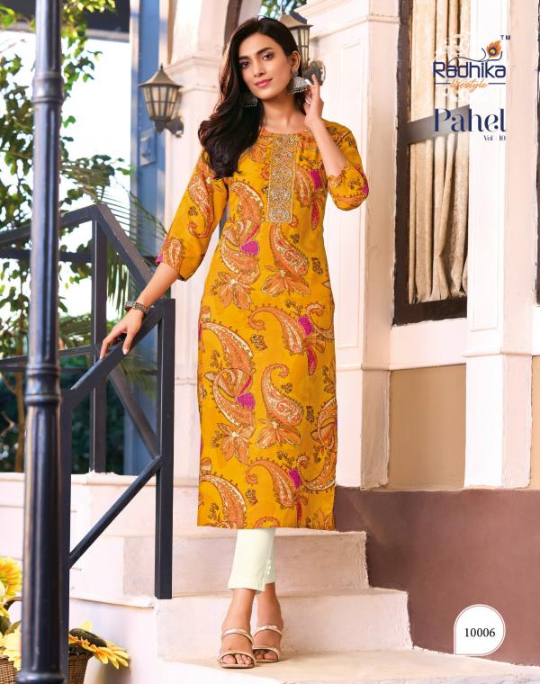 Radhika Pahel Vol 10 Rayon Printed With Work Kurti Collection