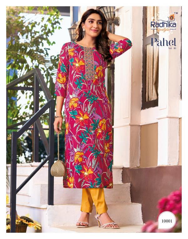 Radhika Pahel Vol 10 Rayon Printed With Work Kurti Collection