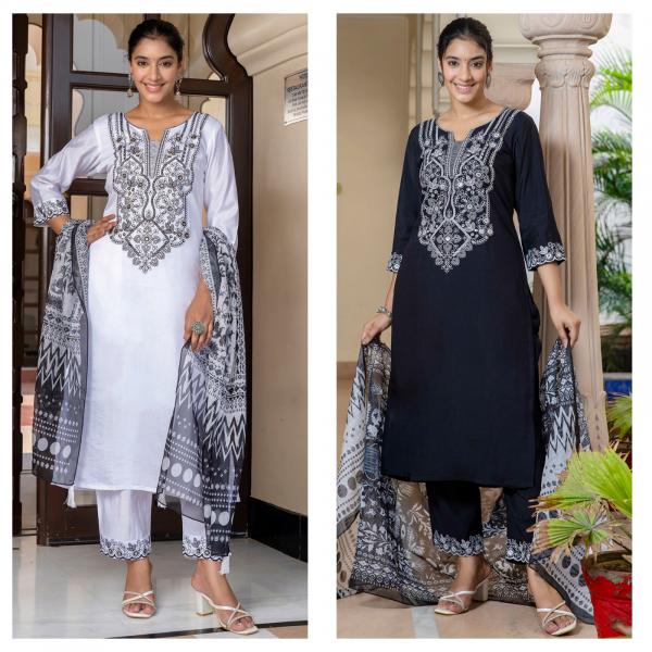 Vredevogel Black And White Roman Silk Embroidered Kurti Bottom With Dupatta