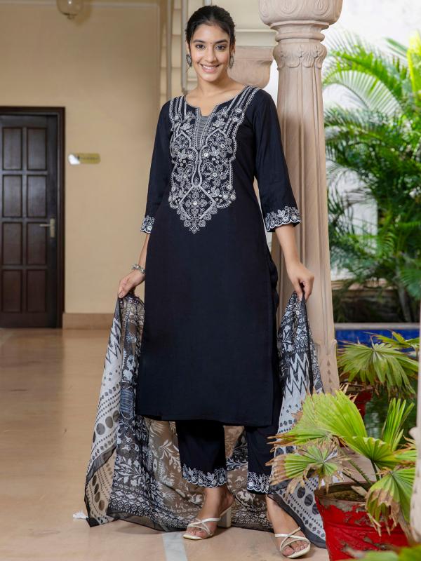 Vredevogel Black And White Roman Silk Embroidered Kurti Bottom With Dupatta