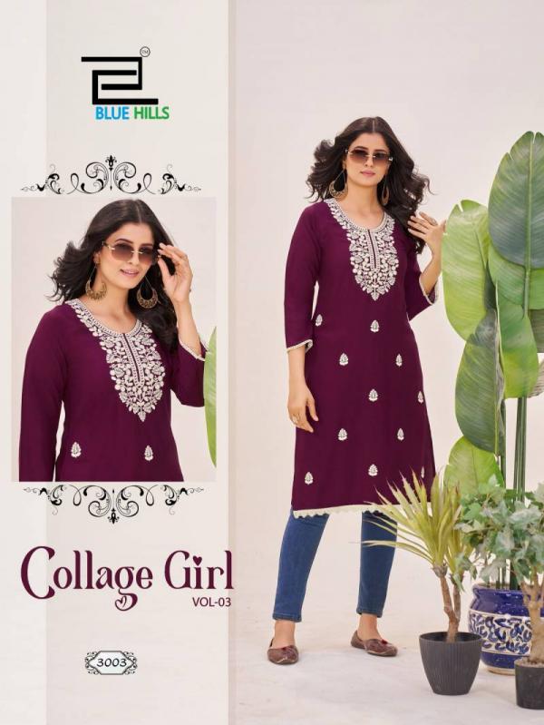 Blue Hills Collage Girl Vol 3 Rayon With Embroidery Work Kurti