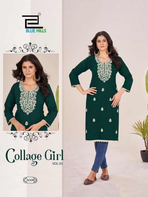 Blue Hills Collage Girl Vol 3 Rayon With Embroidery Work Kurti