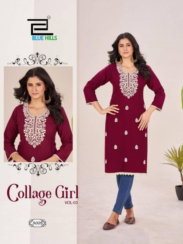 Blue Hills Collage Girl Vol 3 Rayon With Embroidery Work Kurti