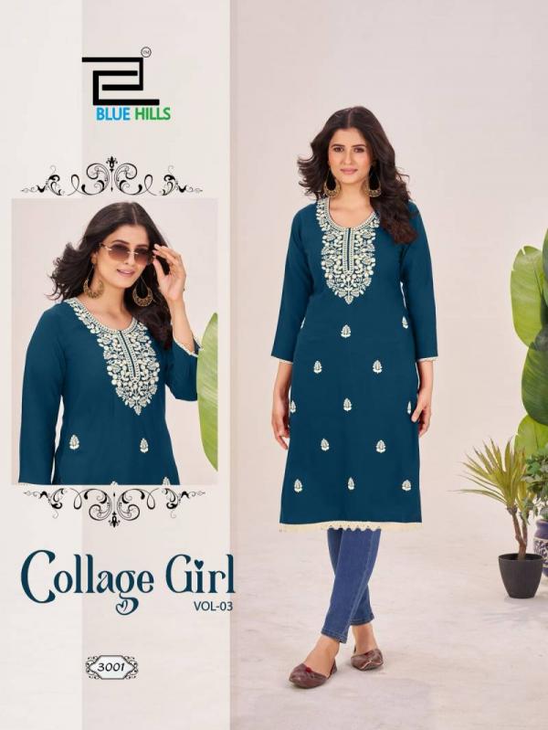 Blue Hills Collage Girl Vol 3 Rayon With Embroidery Work Kurti