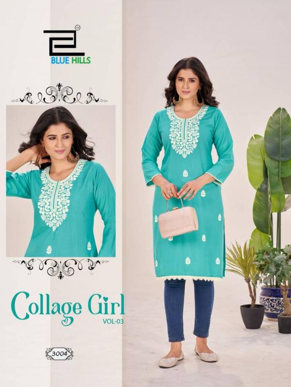 Blue Hills Collage Girl Vol 3 Rayon With Embroidery Work Kurti