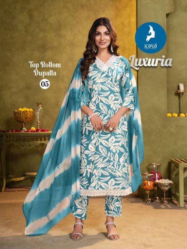 Kaya Luxuria Rayon Printed Kurti Pant With Dupatta Collection