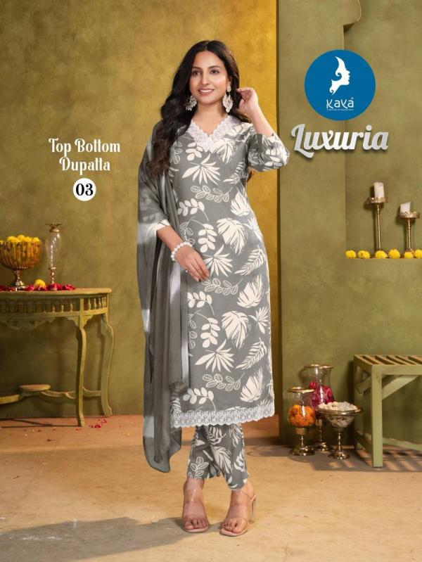 Kaya Luxuria Rayon Printed Kurti Pant With Dupatta Collection