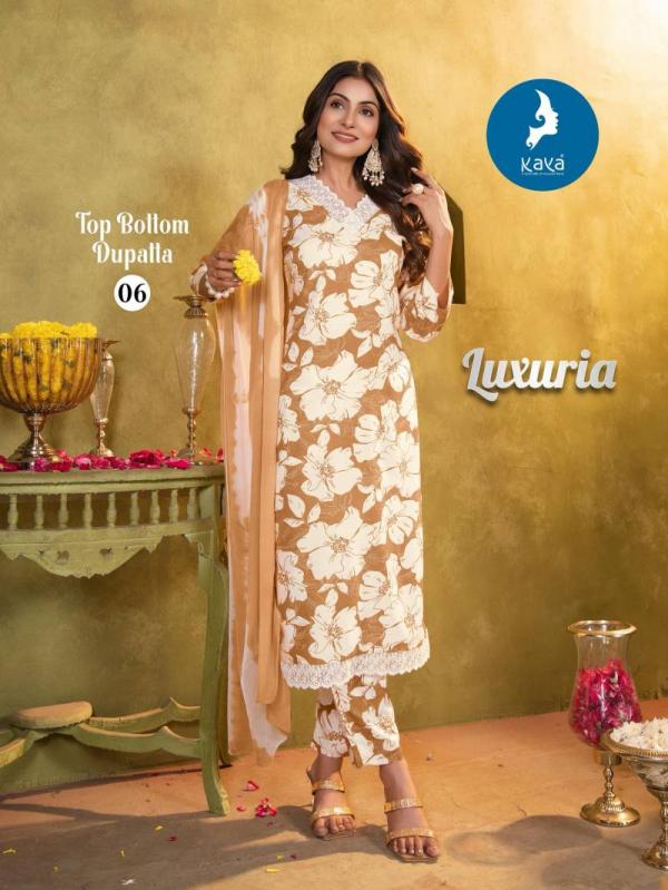 Kaya Luxuria Rayon Printed Kurti Pant With Dupatta Collection