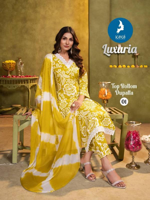 Kaya Luxuria Rayon Printed Kurti Pant With Dupatta Collection