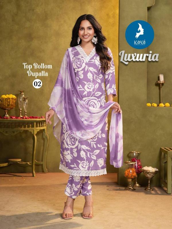 Kaya Luxuria Rayon Printed Kurti Pant With Dupatta Collection