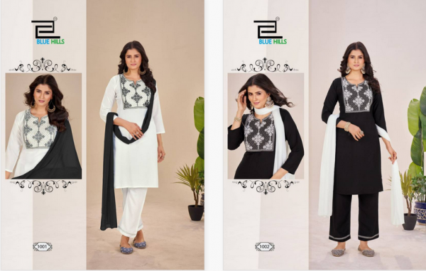 Blue Hills Black And White Vol 14 Rayon Kurti Bottom With Dupatta