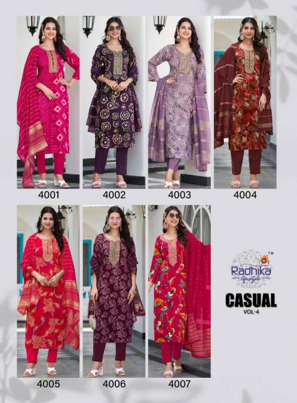 Radhika Casual Vol 4 Rayon Kurti Pant With Dupatta Collection