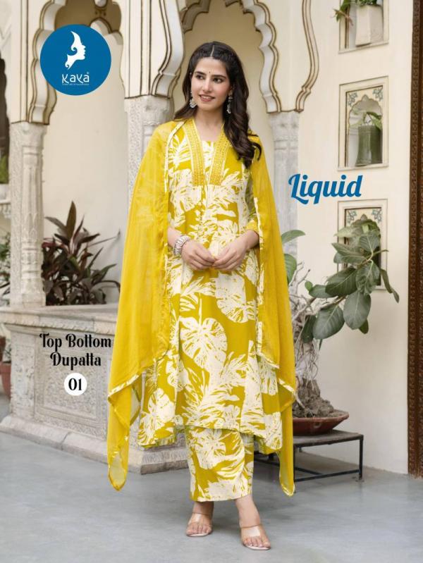 Kaya Liquid Rayon Printed Kurti Pant With Dupatta Collection