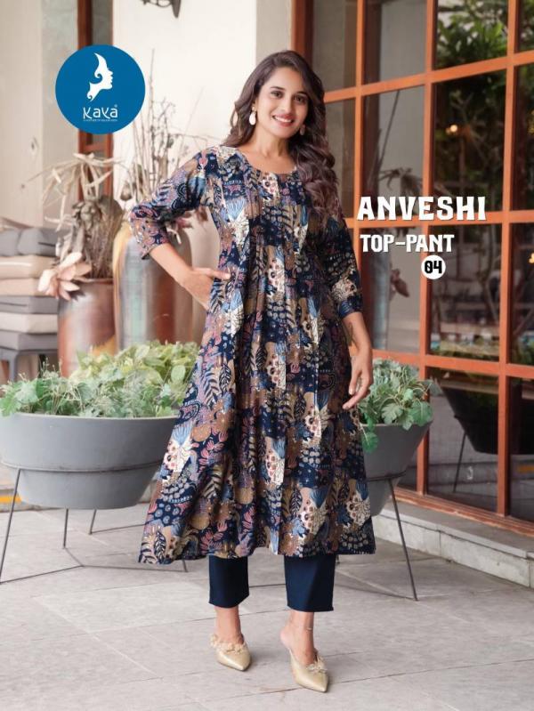 Kaya Anveshi Vertican Print With Foil Kurti With Bottom