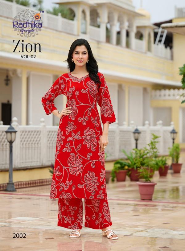 Radhika Zion Vol 2 Rayon Printed Kurti With Bottom Collection