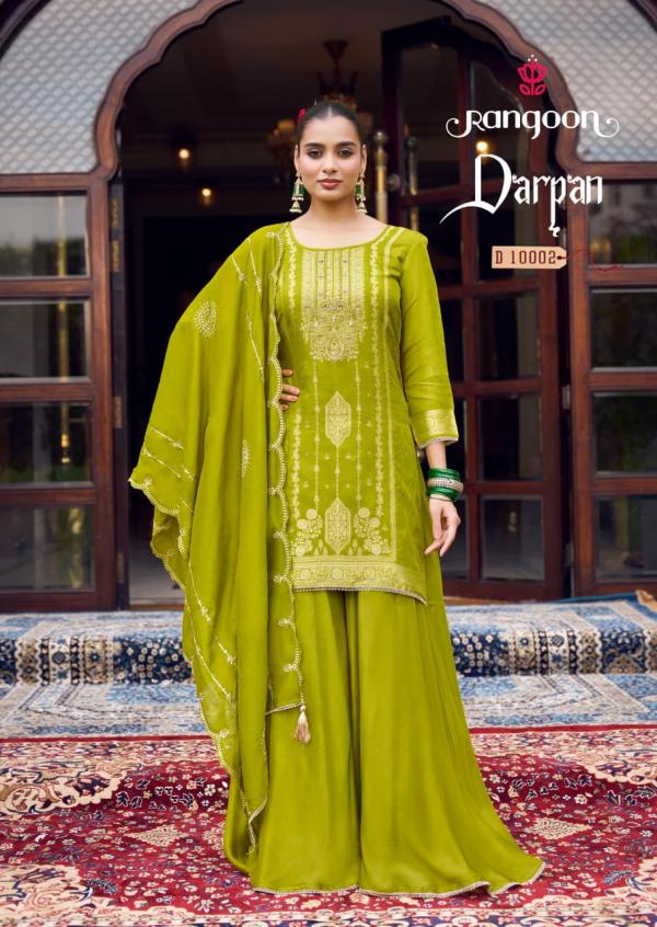 Rangoon Darpan Dola Russian Jacquard Katli Work Kurti Pant And Dupatta
